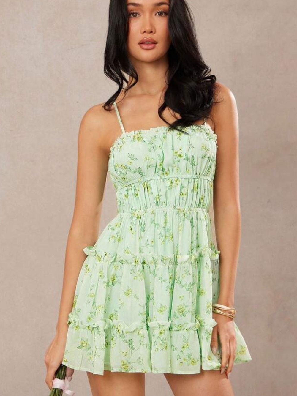 Light Green and Yellow Floral Ruffle Tiered Mini Dress Sundress L Large